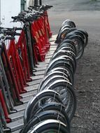 scooters stand in a row