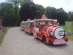 Colorful toy train on the road and trees