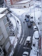 jam of traffic on snowy street