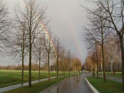 road after rain and double rainbow in sky