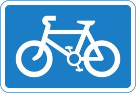 Blue and white bicycle information sign