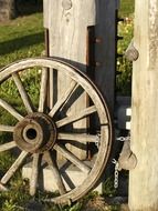 a wooden wheel stands near a pillar among colorful plants