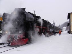 steam locomotive on the railway in winter