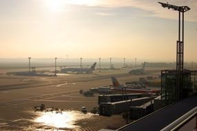 panoramic view of airplanes in frankfurt airport under the bright sun