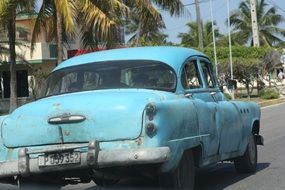 Blue retro old car on the street of a Havana in Cuba