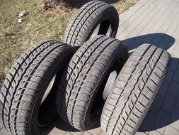 four car tires close up