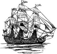 black and white drawing of a ship on the water