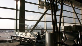 benches in the waiting room at the airport