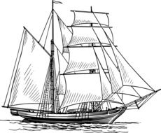 black and white drawing, sailing ship