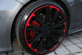 Wheel of a car with a brake system close-up