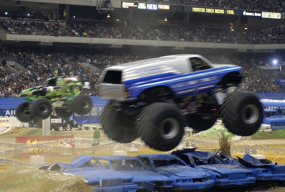 Monsters cars in the stadium arena
