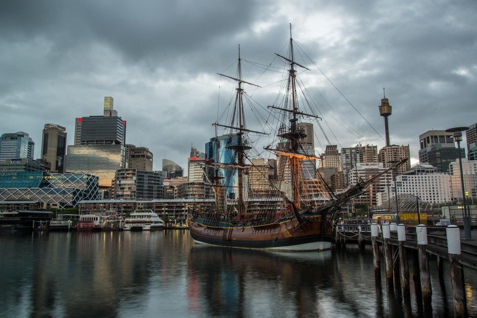 Beautiful sailboat near the city