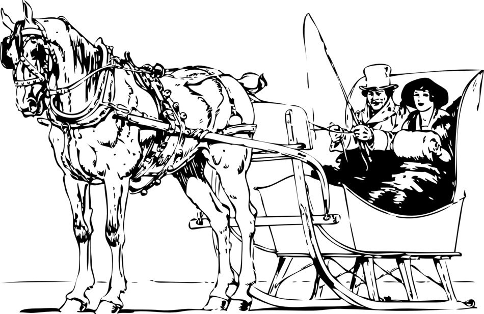 black and white graphic image of a couple in a sleigh carriage