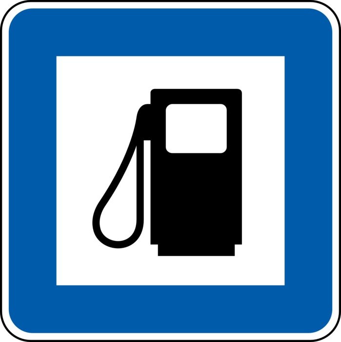 Black, white and blue sign drawing of the petrol station