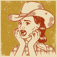 Retro Screen Print of a Terrified Cowgirl N2