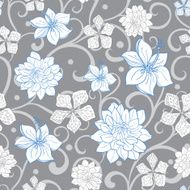 Vector Gray Sky Blue Swirl Florals Seamless Pattern