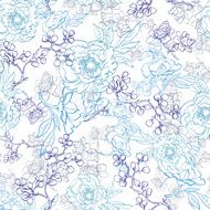 Vector Blue Japanese Floral Kimono Line Art Seamless Pattern N2