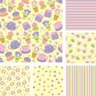 set of seamless backgrounds with flowers and tea utensils