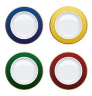 Colorful plate with gold rims on white background Vector illustration
