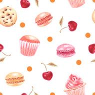 Hand drawn dessert and cherry dotted seamless pattern N2
