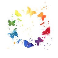 Watercolor wreath with colorful rainbow butterflies