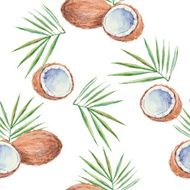 Seamless pattern with coconuts painted in watercolor Vector background