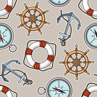 Vector pattern with isolated anchor lifebuoy ship&#039;s wheel compass N3