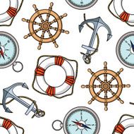 Vector pattern with isolated anchor lifebuoy ship&#039;s wheel compass N4