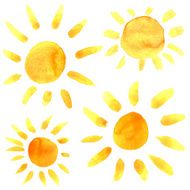 Watercolor sun icons set closeup isolated