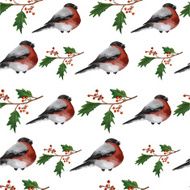 Christmas seamless background with holly berries and bullfinches N2