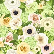 Seamless background with white yellow and green flowers leaves Vector