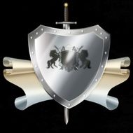 Medieval silver shield with sword and horse laurel branchs N2