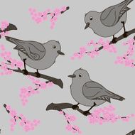 Birds sitting on a flowering branch Seamless pattern N2