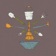 Garden tools on brown background