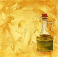 Watercolor bottle of oilve oil on an artistic acrylic background