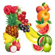 Letter N composed of different fruits with leaves