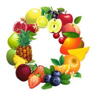 Letter O composed of different fruits with leaves