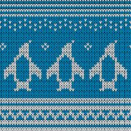 Blue knitted Background with penguins Vector illustration