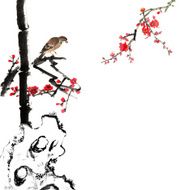 bamboo and plum bloom stone with bird N26