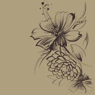 Flowers hand-painted brown ink on old paper vintage