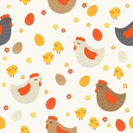 Easter seamless pattern with hens and chicken N2