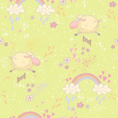 Colorful seamless pattern with a sheep and rainbow