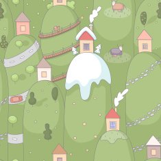Seamless pattern with cartoon houses on hills N2