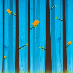 Forest with orange birds
