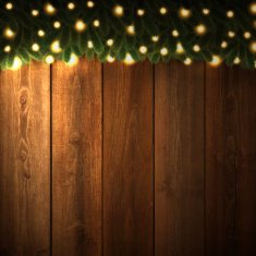 Blank Wooden background with bright Christmas garland