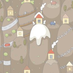 Seamless pattern with cartoon houses on hills N3