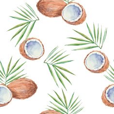 Seamless pattern with coconuts painted in watercolor Vector background