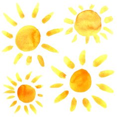 Watercolor sun icons set closeup isolated