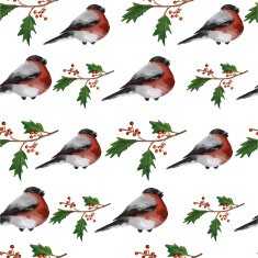 Christmas seamless background with holly berries and bullfinches N2