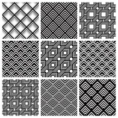 Rhombuses black and white geometric seamless patterns set vecto